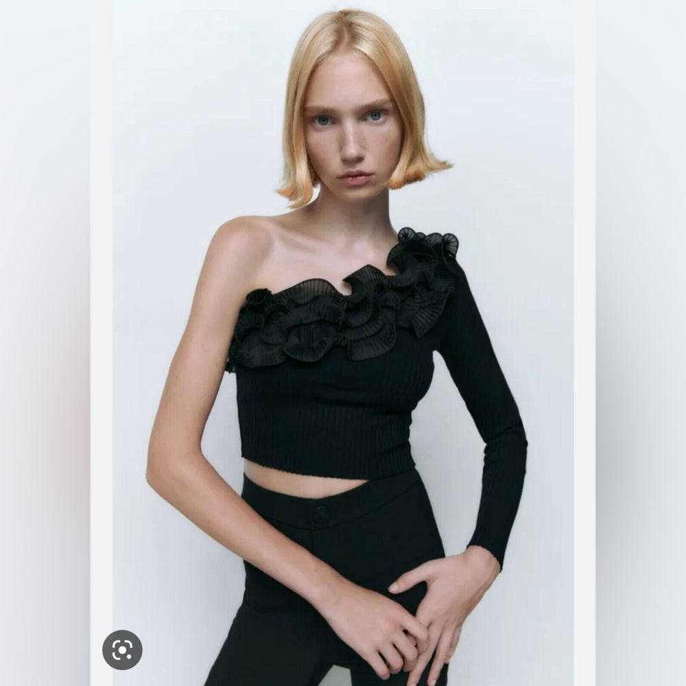 Zara Ribbed Asymmetric One Long Sleeve Ruffle Front Top